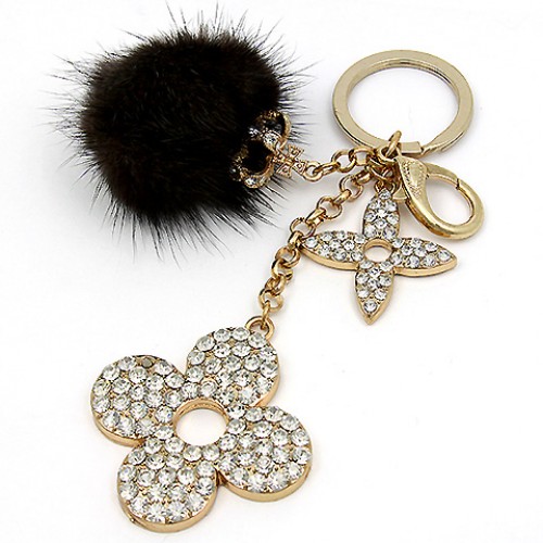 Key Chain - Rabbit Fur w/ Rhinestone Florwers & Crown - Brown -KC-YI5352BN